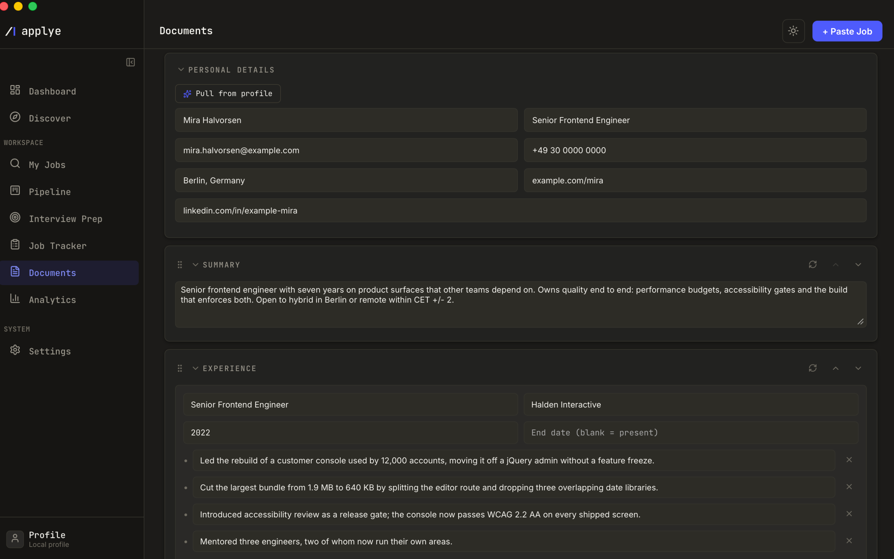 The CV editor, scrolled to the section stack. Personal details is open with the
            applicant's name, title, email, phone, city and links, and a Pull from profile button
            above them. Summary follows, holding an editable paragraph. Experience follows that,
            with a role, employer, start year, an empty end date labelled blank equals present, and
            four bullet points, each removable. Every movable section carries a drag handle on the
            left and regenerate and reorder controls on the right.