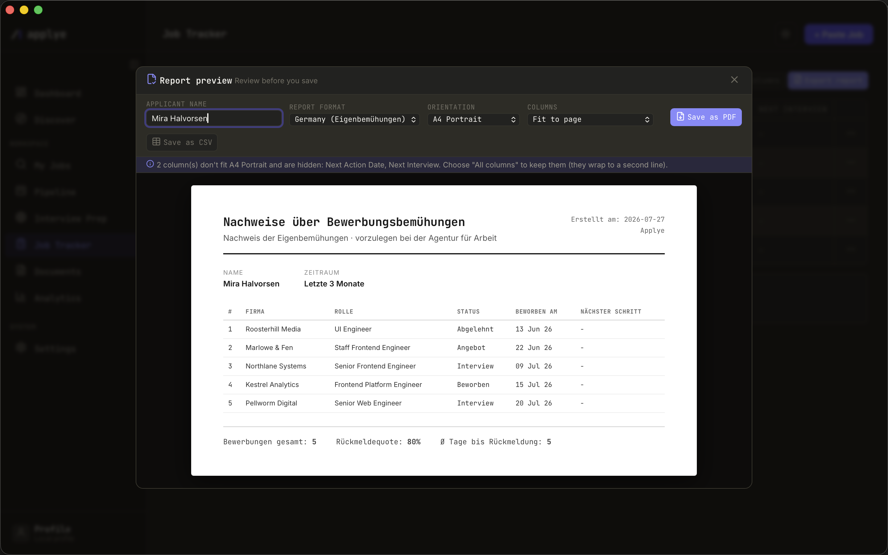 The report preview dialog. Controls across the top set the applicant name, the report
            format (Germany, Eigenbemühungen), the orientation (A4 portrait) and how columns fit,
            with buttons to save as PDF or CSV. A notice says two columns do not fit A4 portrait and
            are hidden. The preview below is the German document: Nachweise über
            Bewerbungsbemühungen, to be presented to the Agentur für Arbeit, with the applicant, the
            period, and five applications with German column headings and statuses.